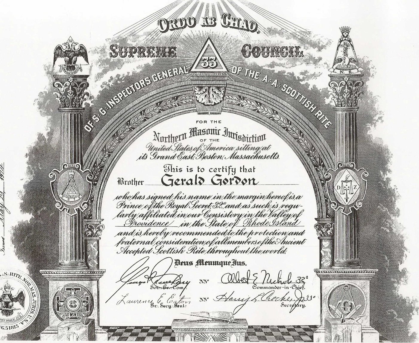 Jerry Gordon's 32nd-degree Scottish Rite certificate