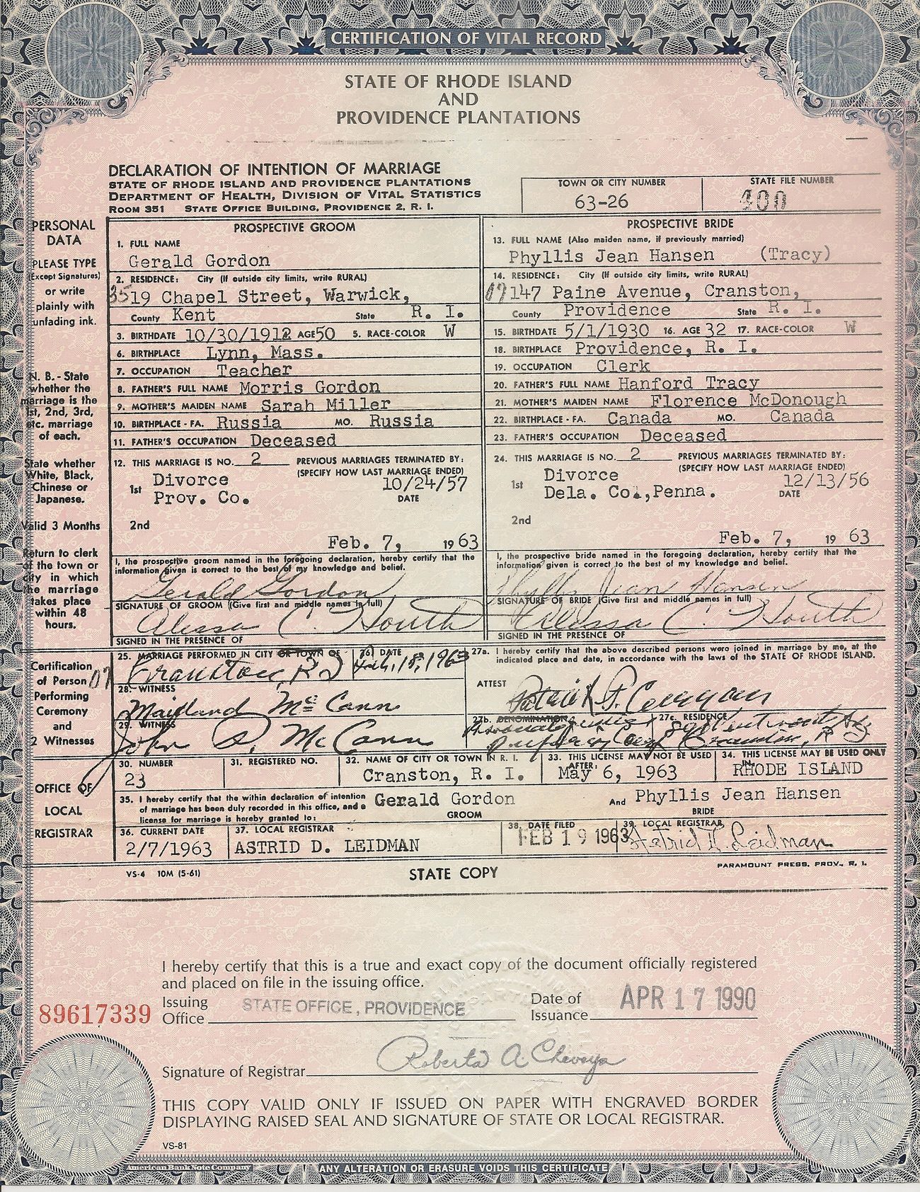 1963 Rhode Island marriage license of Gerald Gordon and Phyllis Jean Hansen (Tracy) 1963 Rhode Island marriage license of Gerald Gordon and Phyllis Jean Hansen (Tracy)